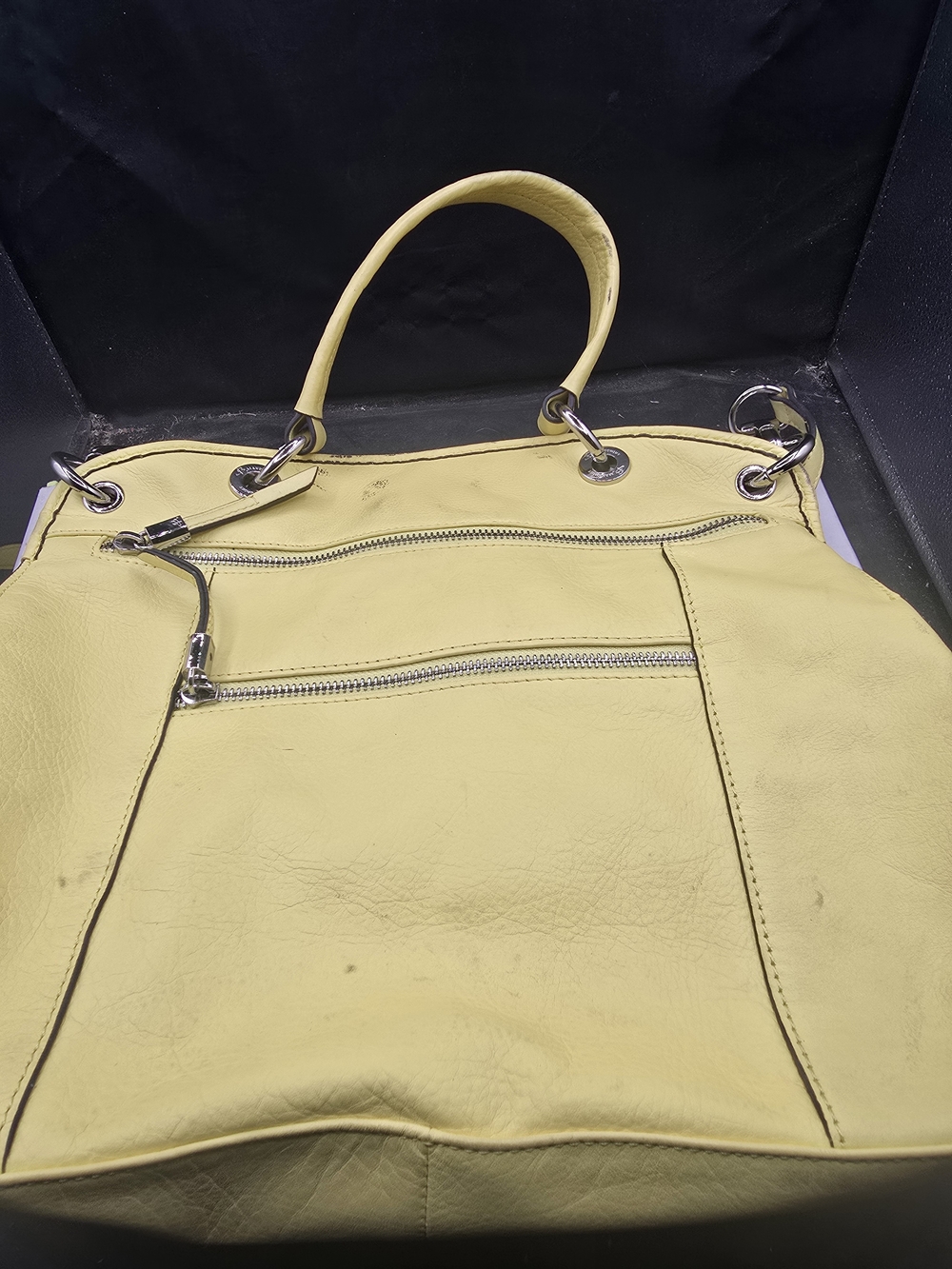 b. makowsky Pale Yellow Leather Tote with Front Zips